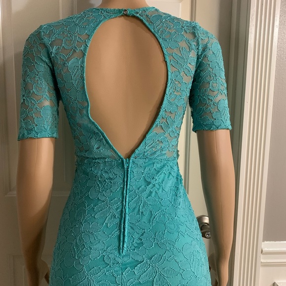 Women junior blue green lace bodycon mermaid maxi dress size (S) zipper back - Picture 9 of 14